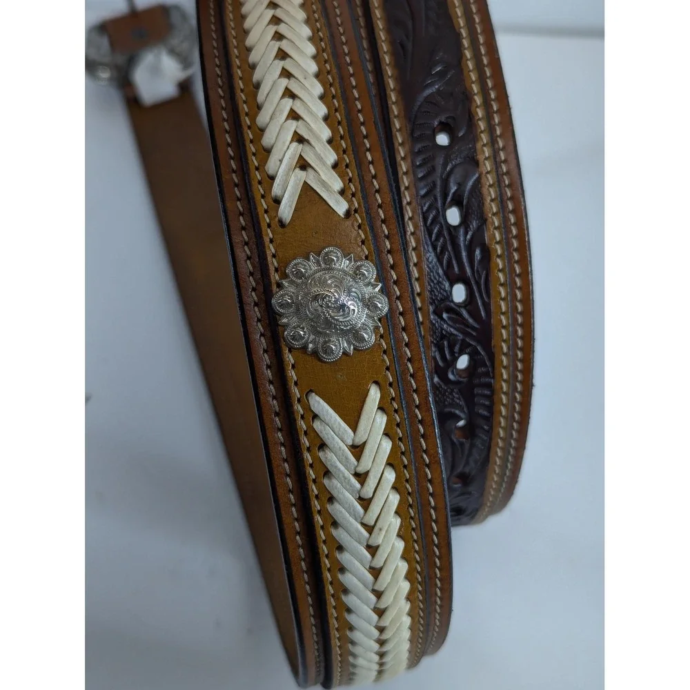 G Bar D Mens 46 Cognac Leather Cowboy Belt Whipstitch Concho Removable Buckle
